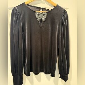 LOFT Black Velvet Long Sleeve Top with Beaded Bow Neckline